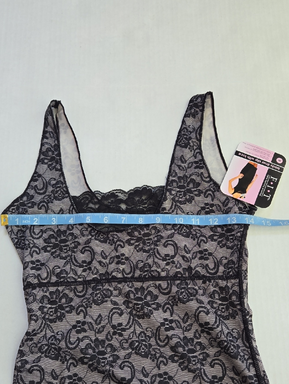 FIT Figure Improving Technology Lace Overlay Slip Dress Black Light Gray, NWT, M - Picture 7 of 8